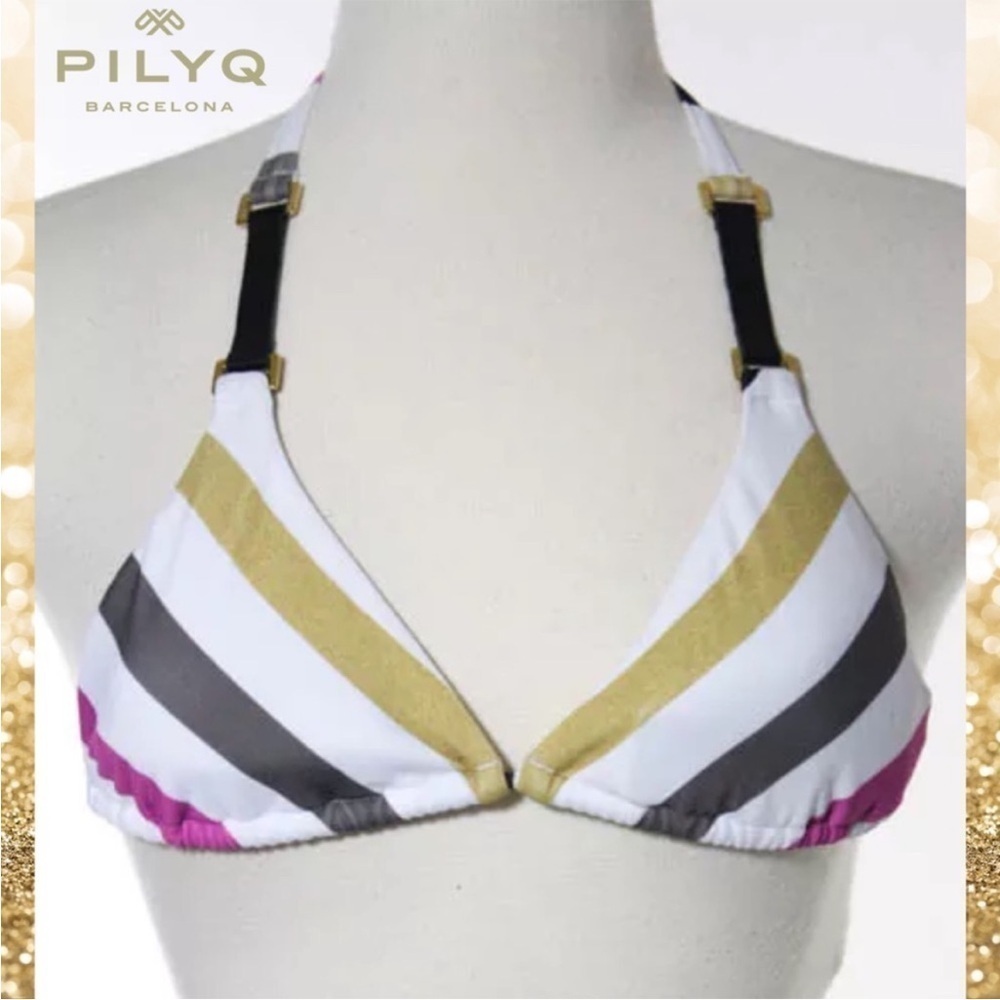 PILYQ Sevilla Striped Gold Black Gray White Leather Triangle Bikini Top Sz M
